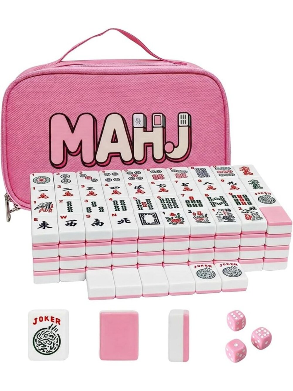 166 Pink Mahjong Tiles Set with Carry Bag - Classic Game for Family Fun